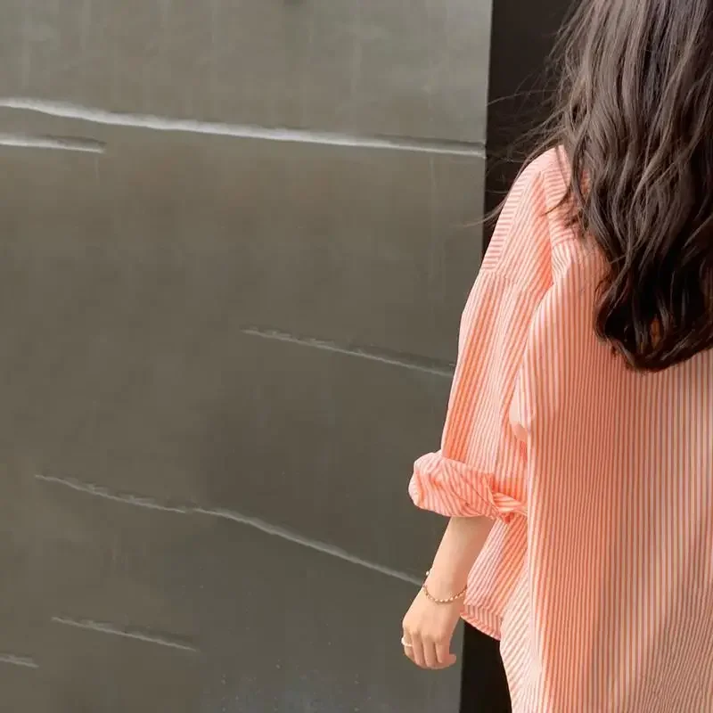 여성 셔츠 블라우스 오렌지 스트라이프 셔츠 여성 탑 초가을 코트 Blusas Mujer