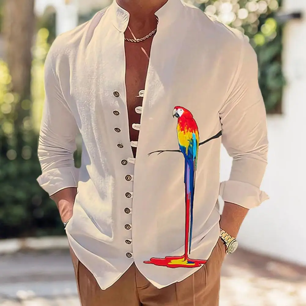 

Men Fall Shirt Chic Buttons Parrot Printing Artistic Pattern Men Autumn Top Men Garment Men Autumn Top Men Shirt