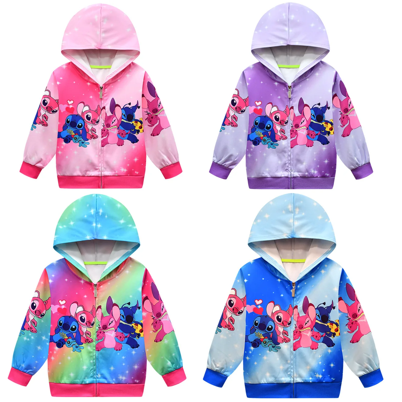 

New Stitch Jackets For Girls Spring Autumn Kids Cartoon Hooded Zipper Long sleeved Warm Outerwear Fashion Children Casual Coats