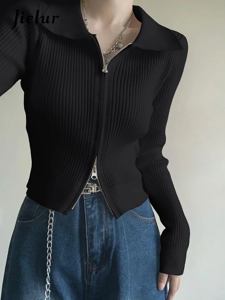 

Jielur Весенний Новый однотонный тонкий женский кардиган простой женский кардиган с длинным рукавом и рельефным вырезом черный абрикосовый вязаный Топ