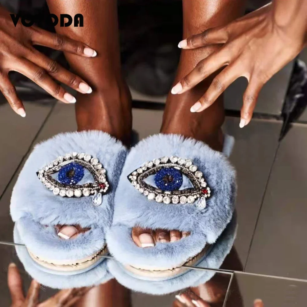 

Women Shoes Winter Fur Fur Slides for Women Cross Flat Rhinestone Eyes Slippers Fluffy Faux Fur Plush Slides Zapatos De Mujer
