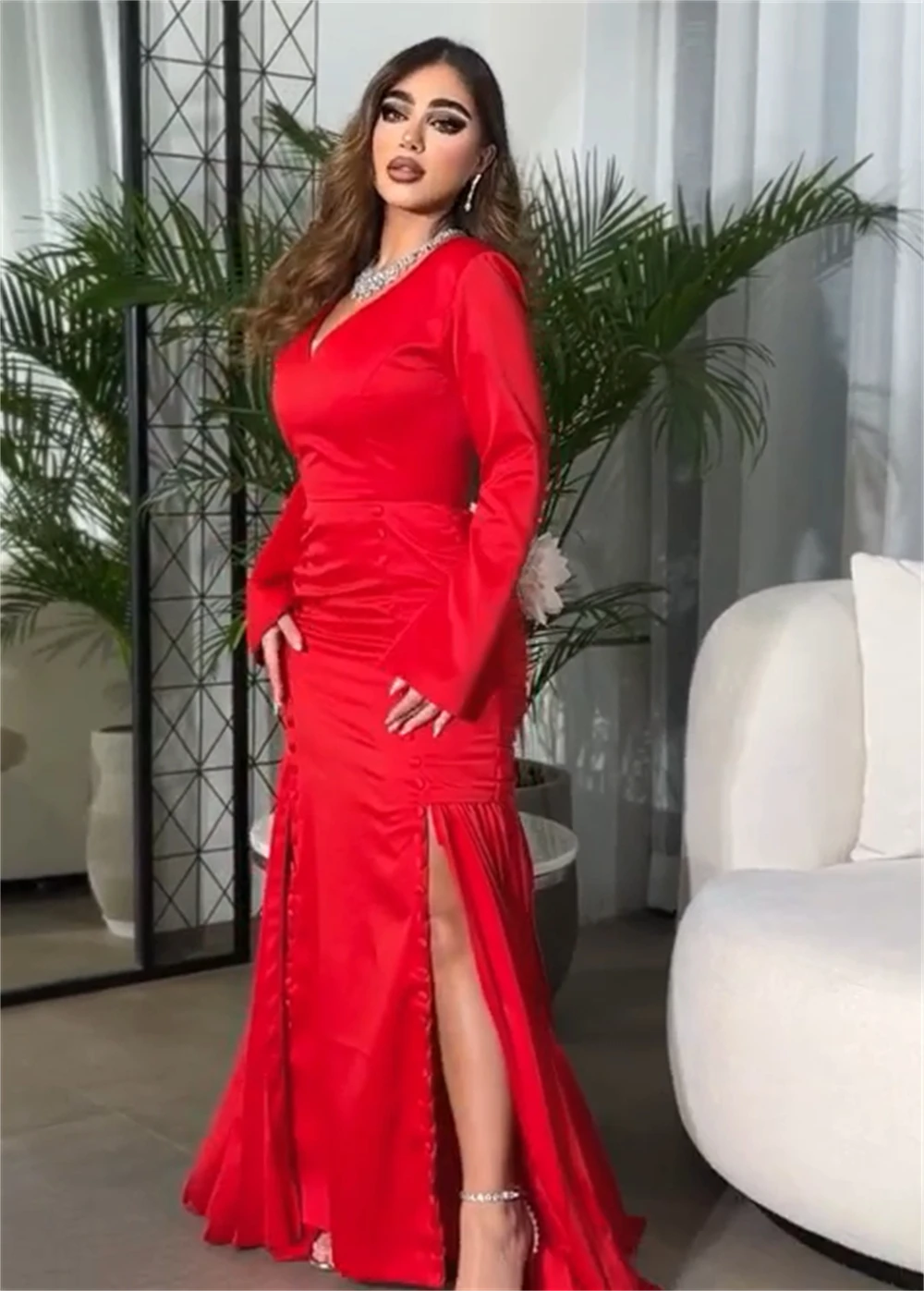 Women Prom Dresses Sexy V-neck Sheath Quinceanera Fold Draped Chiffon Occasion Evening Gown