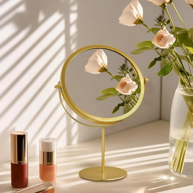 노르딕 골드 원형 화장대 거울 메이크업 및 드레싱 데스크 테이블탑 거울 홈 데코 360 ° 회전 조절 가능한 화장 거울