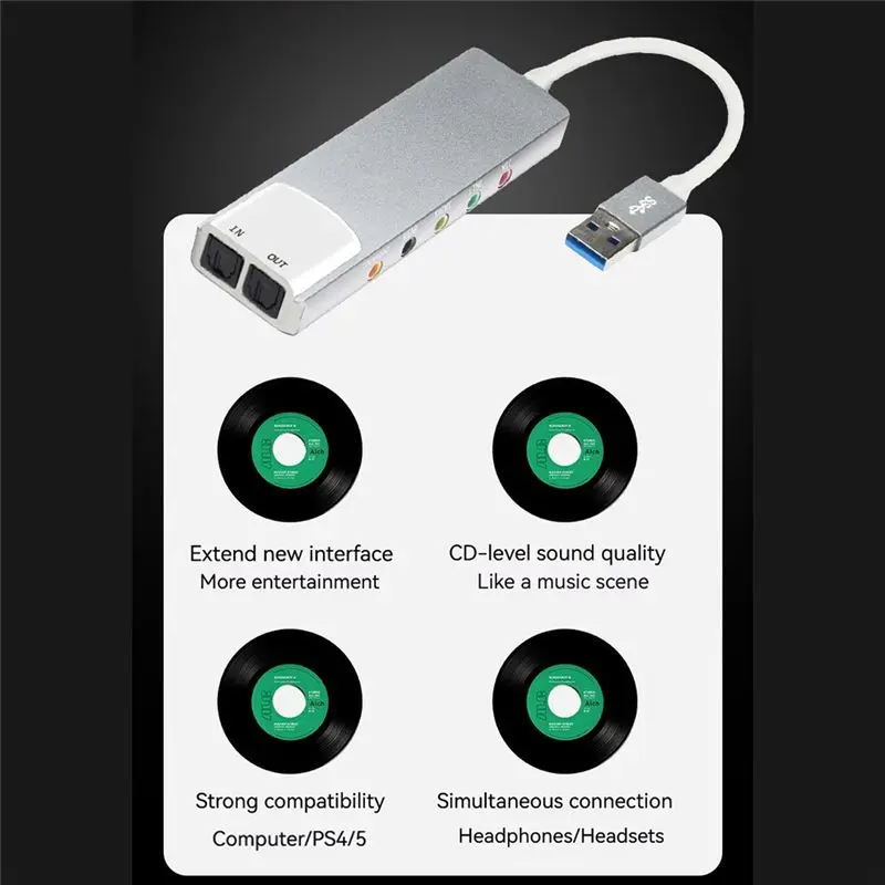 USB 외부 오디오 변환기 외부 오디오 카드 5.1 채널 헤드폰 어댑터 PC 컴퓨터용 사운드 카드 SPDIF-AEF7