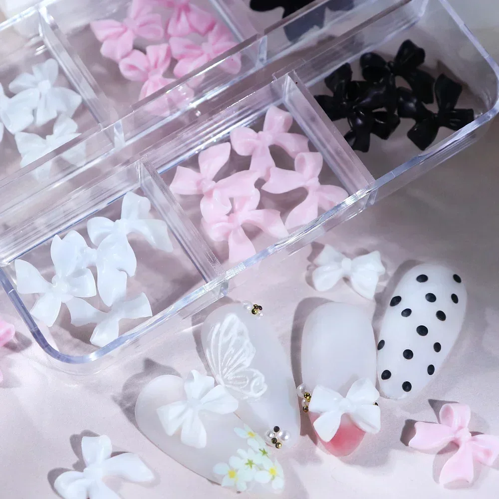 6 Grids Pink White Ribbon Bow Nail Charms Korean Parts Black Nail Art Tie Decoration Kawaii Accessories Manicure Design Supplies 4