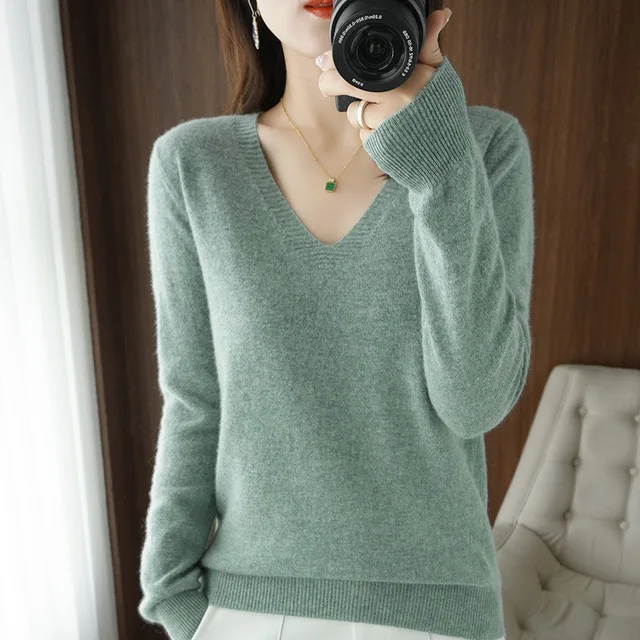 Women's Sweater 2022 Autumn Winter Knitted Pullovers V-neck Slim Fit Bottoming Shirt Solid Soft Knitwear Jumpers Basic Sweaters 1