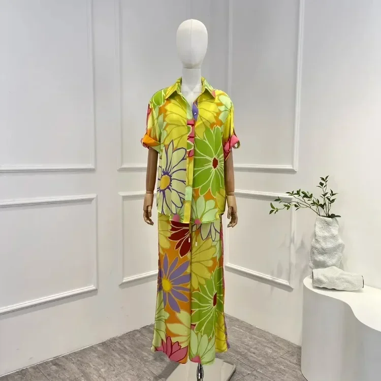 

High Quality Silk New 2023 Beach Style Casual Multi-color Flower Print Half Sleeve Blouse and Wide Leg Pants Woman Set