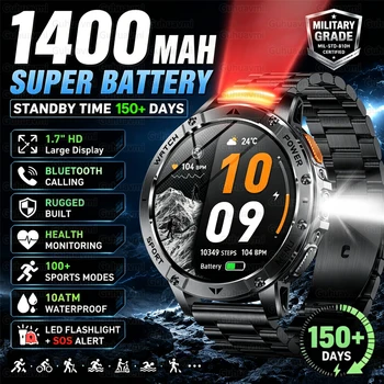 1400mAh Military Smart Watch Men 1.7'' HD Screen Bluetooth Call 10ATM Waterproof LED Flashlight Sport Smartwatch For Android IOS