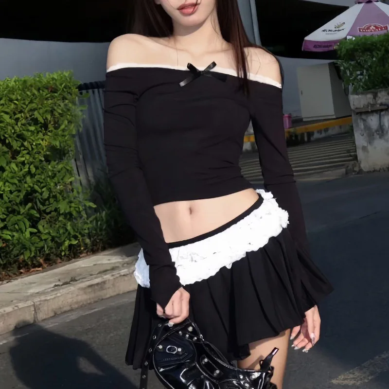 y2k Skirt Women Fairycore Clothes Lace Patchwork Low Waist Pleated Mini Skirts 2000s Evening Party Skirts Streetwear