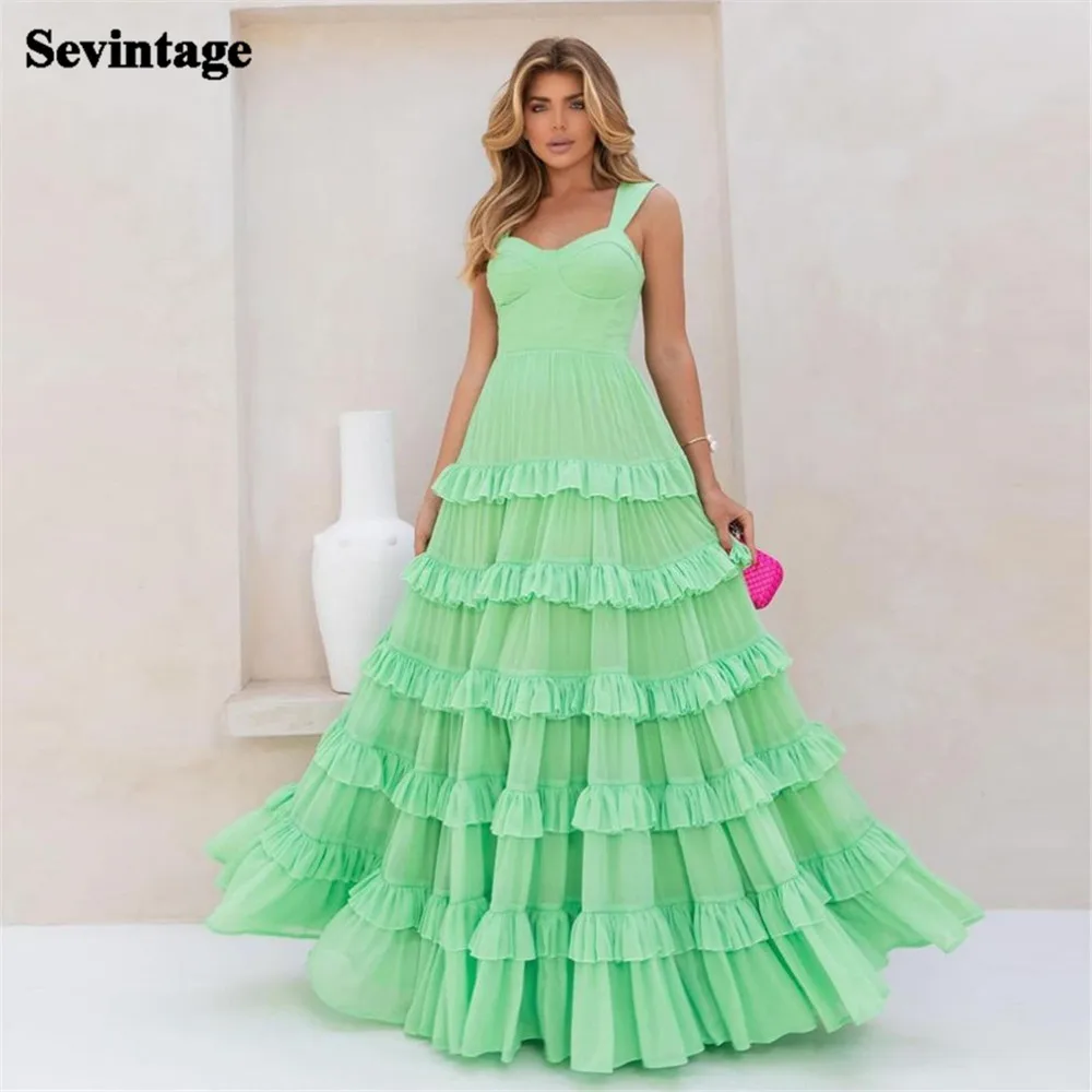 

Sevintage Vintage Light Green A-Line Prom Dress Spaghetti Strap Ruched Tiered Floor Length Evening Dress vestido de gala 2024