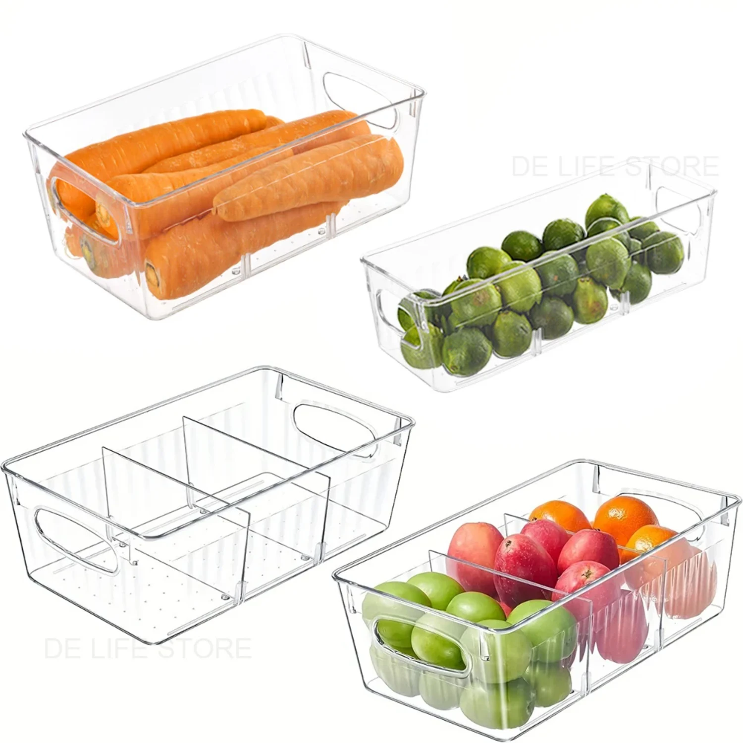 Plastic Refrigerator Food Box Organizer with Divider for Fruits-Kitchen Organization Storage Tray for Fresh Produce and Snacks