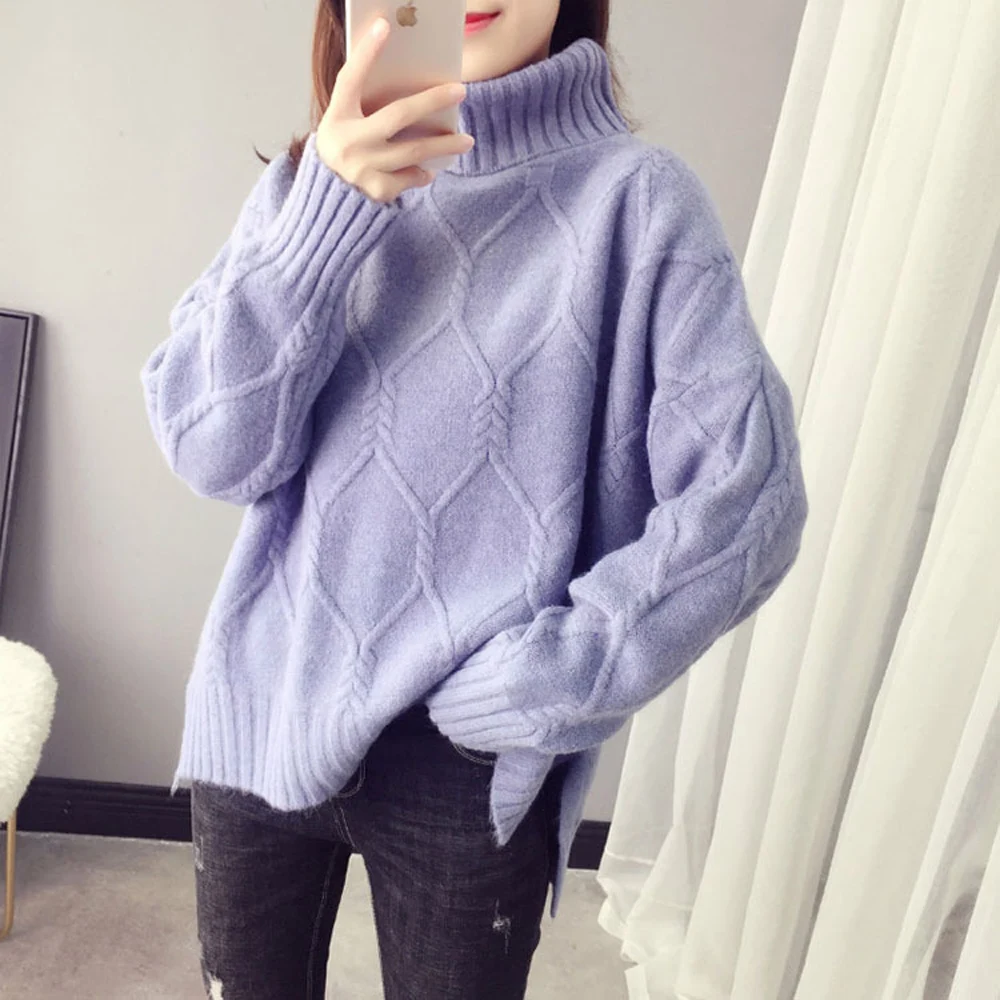 Women Geometrical Knitted Sweater Casual Turtleneck Pullover