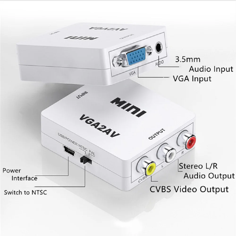 1080P AV RCA CVBS to VGA Video Converter for Monitor VGA to AV RCA Video Adapter with 3.5mm Audio for TV Box HDTV Conversor