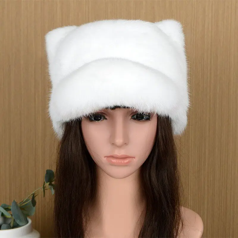 Modische Niedliche Echtfell-Kaninchenfell-Mütze für Damen, Winddichte Winter-Baseballkappe mit Katzenohren und Baumwollfutter – Detail 4