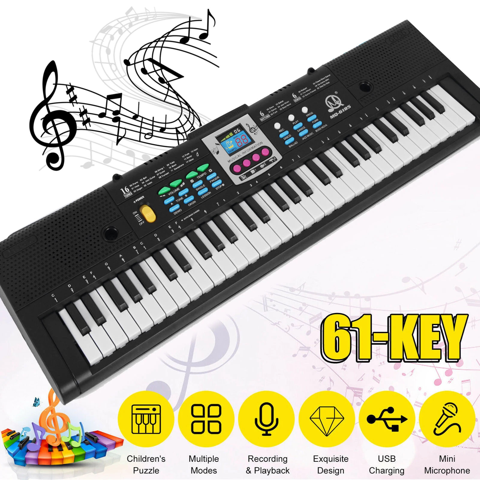 Piano elétrico multifuncional com função de microfone para iniciantes, 61 teclas, teclado de música digital, piano eletrônico para crianças