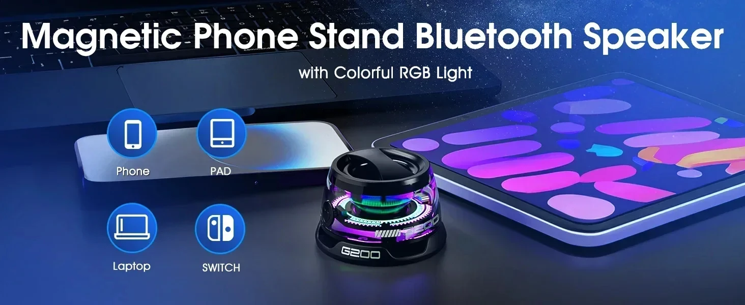 Portable Mini Bluetooth 5.3 Speaker G200 Magnetic Wireless RGB Light LED Color Light Stereo Speaker Phone Stand