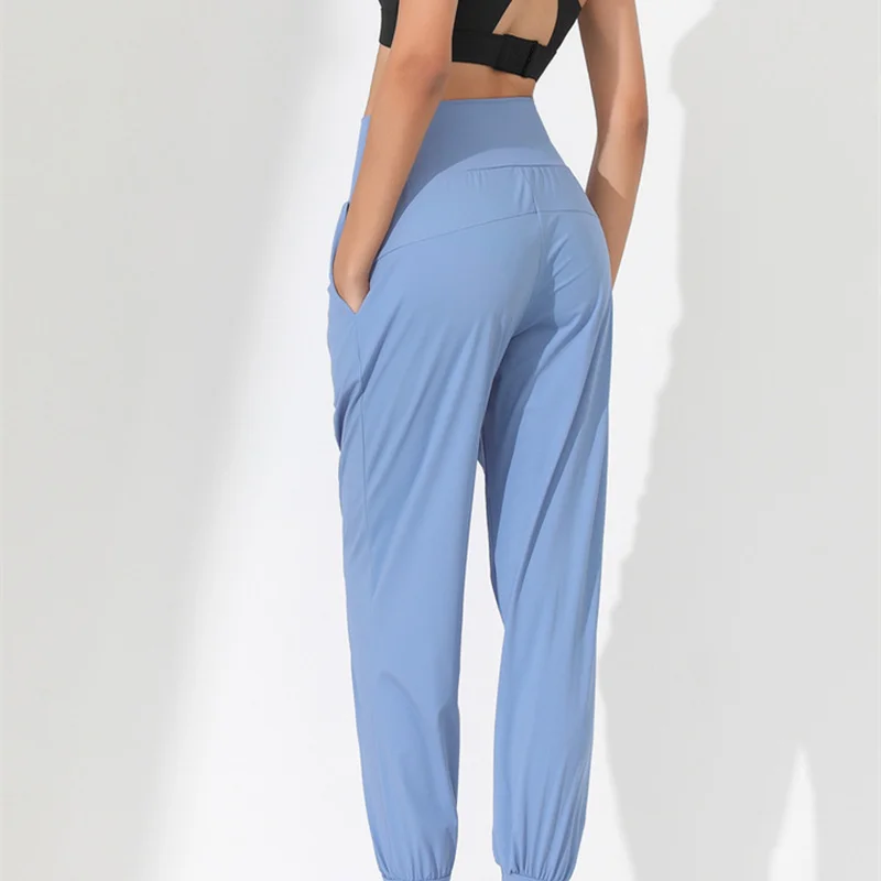 Yoga Pants Woman Loose Slim Quick-Dry Pleated Hem Bound Running Fitness Capris Pockets