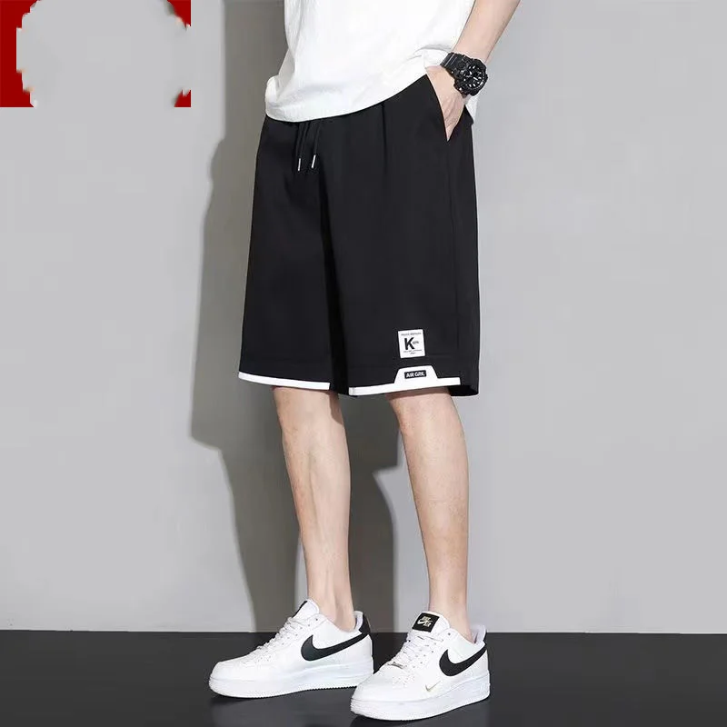 Summer New Fashion Elastic Waist Drawstring Straight Pants Man High Street Loose Pockets Patchwork Thin Ice Silk Fabric Shorts