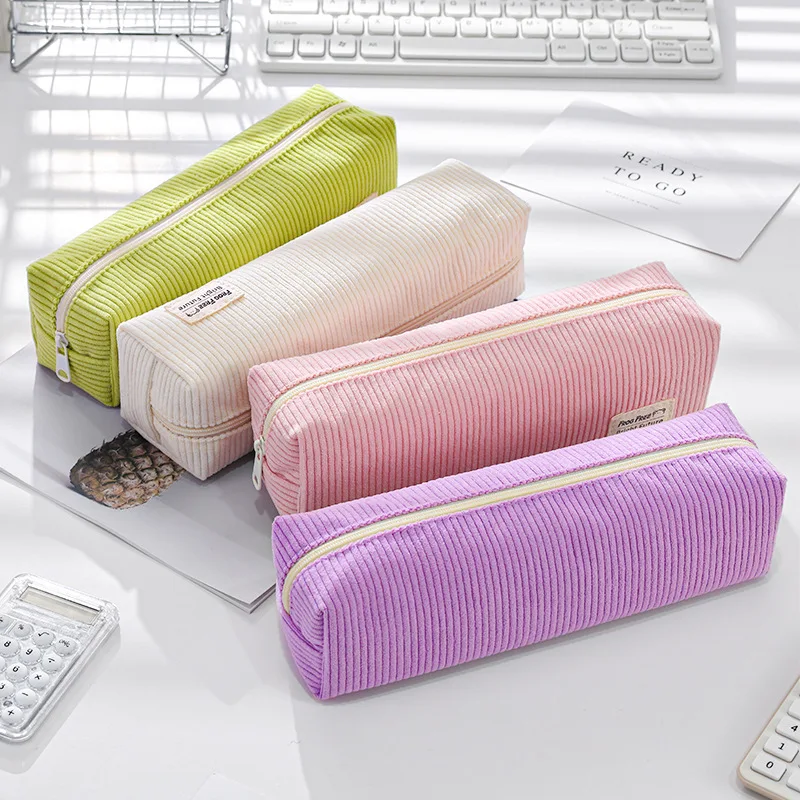 Solid Corduroy Pencil Case Student Simple Pencil Bag Stationery Storage Bag Pouch School Office Supplies