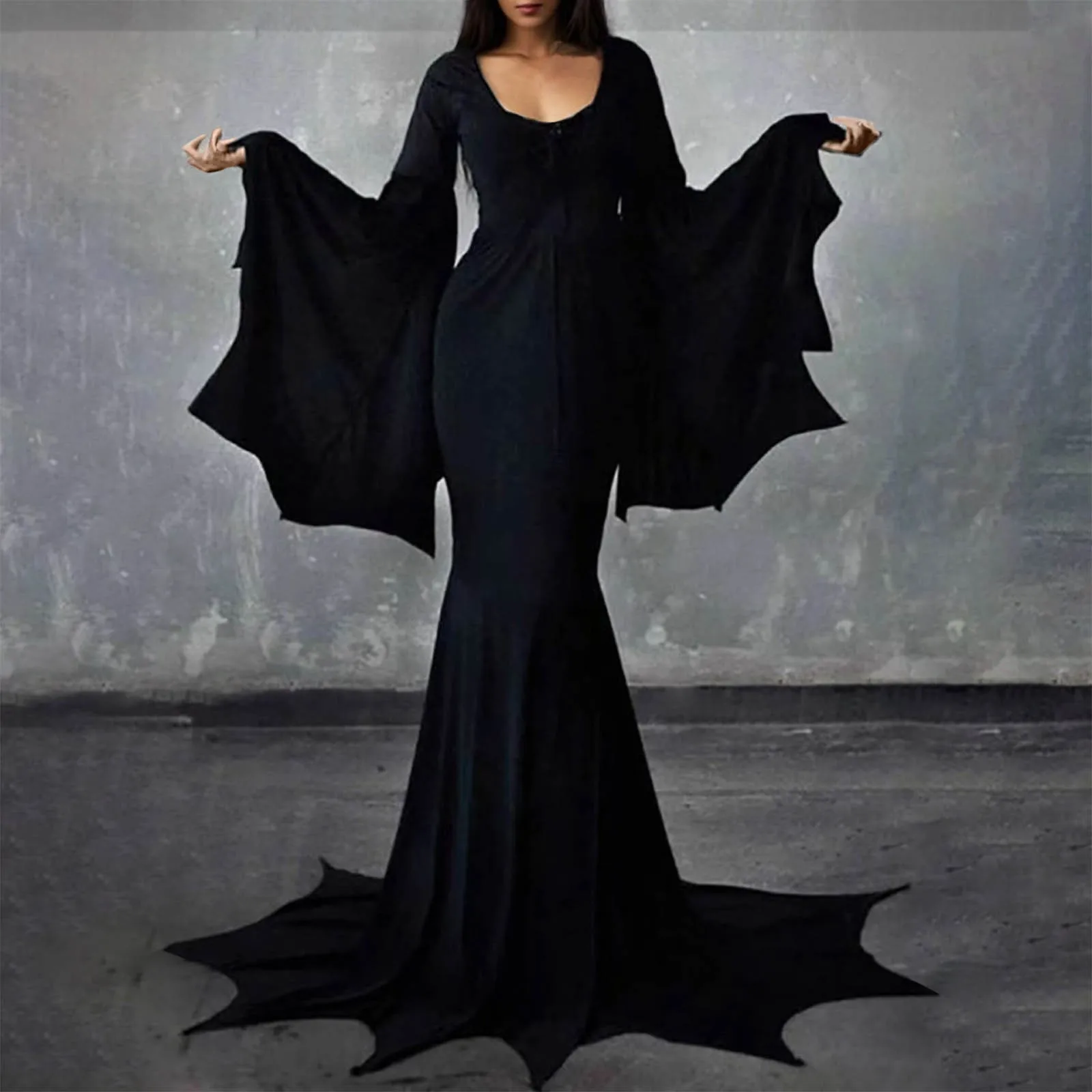 Halloween Witch Dark Costume Gothic Robe Adult Horror Witch Costume Morticia Addigs Summer Train Floor Dress Women