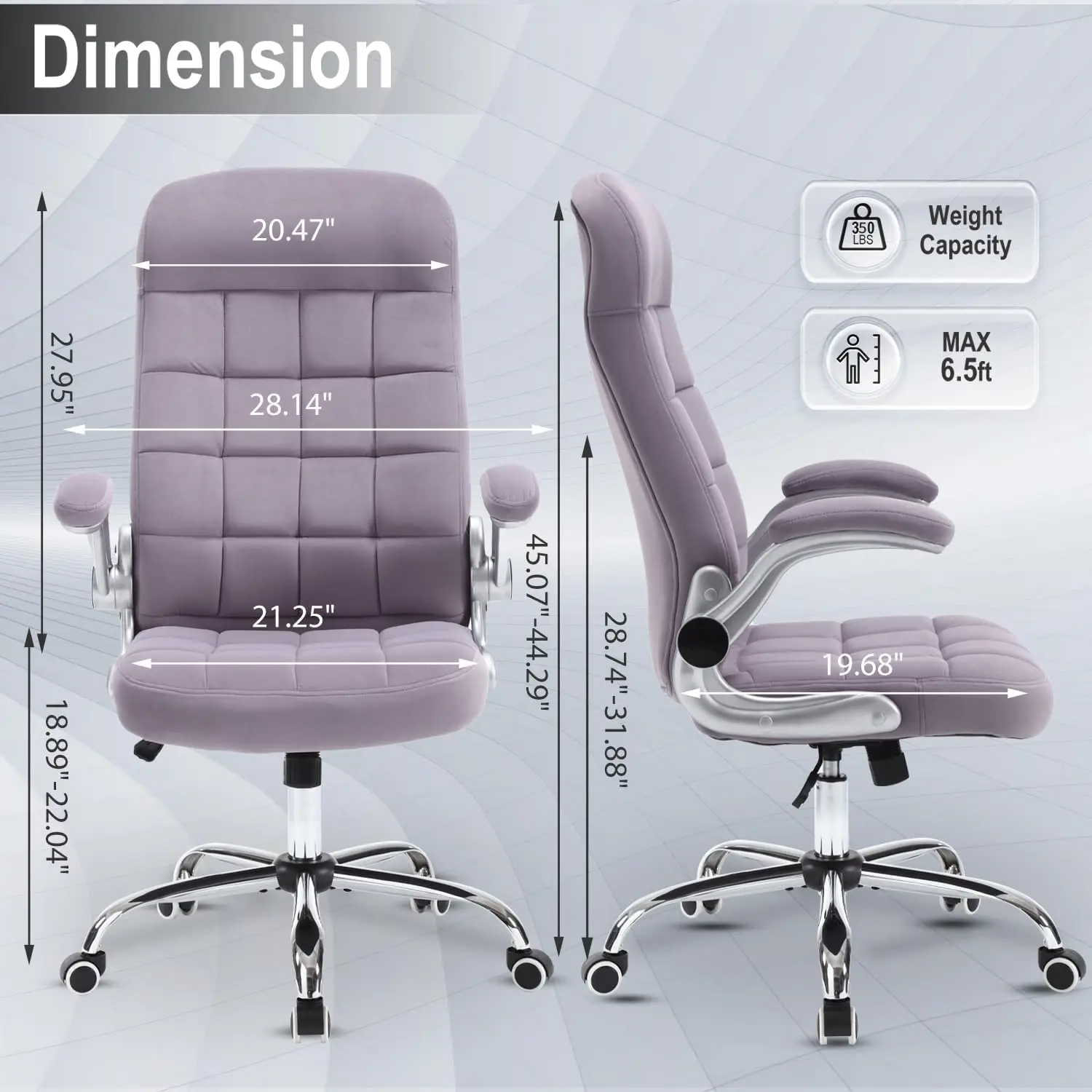 High Back Fabric Office Chair Purple, Velvet Executive Desk Chair With Flip-Up Arms, Ergonomic Office Chairs With Lumbar 2