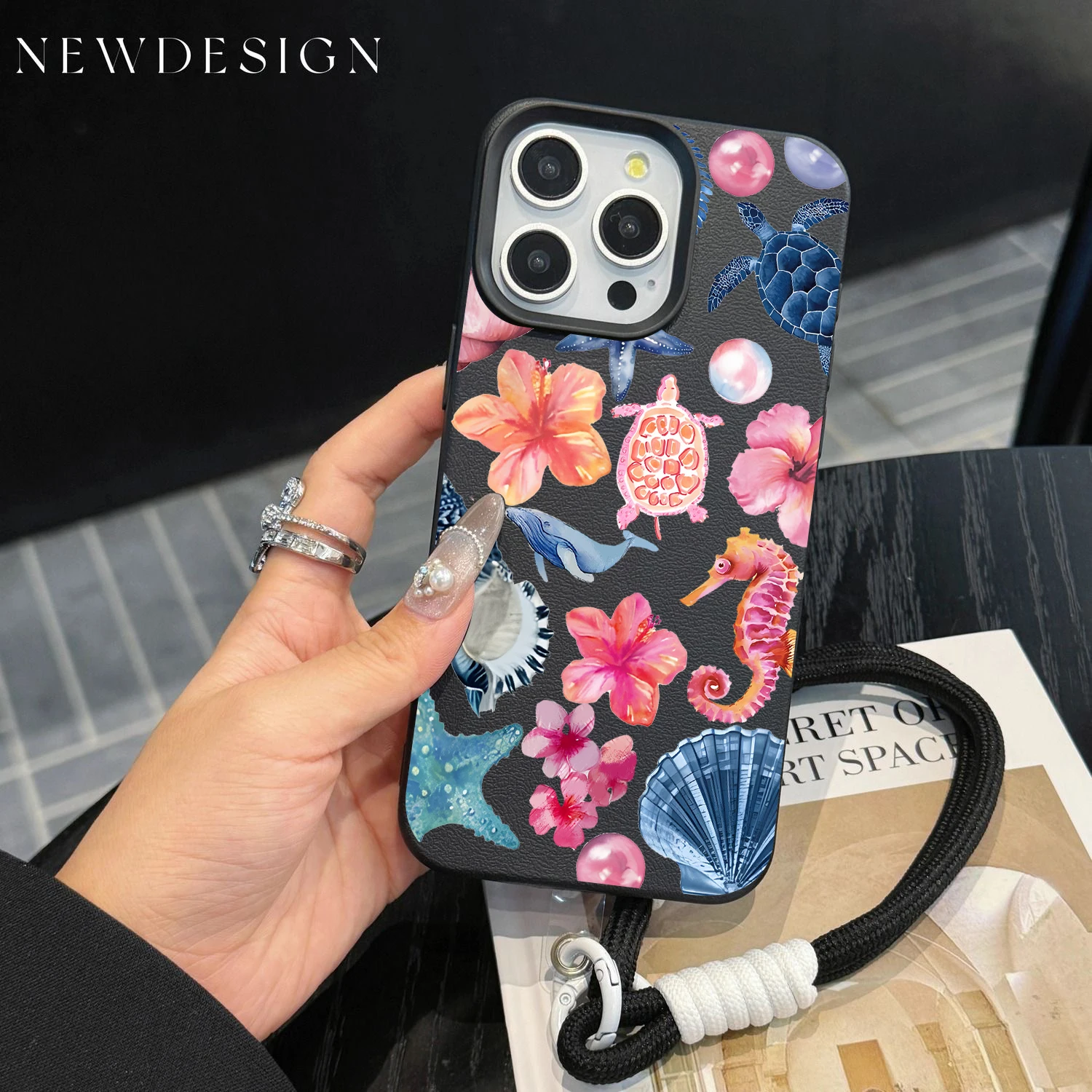 Shockproof Lichee Pattern Phone Chain Lanyard Case with Starfish Coral Jellyfish Design