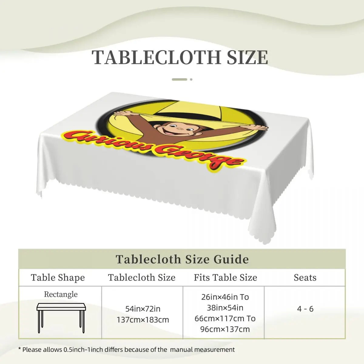 Custom Rectangular Waterproof Oil-Proof Curious George Cute Funny Tablecloth Table Covers 40"-44" Fit Brown Monkey Table Cloth 6