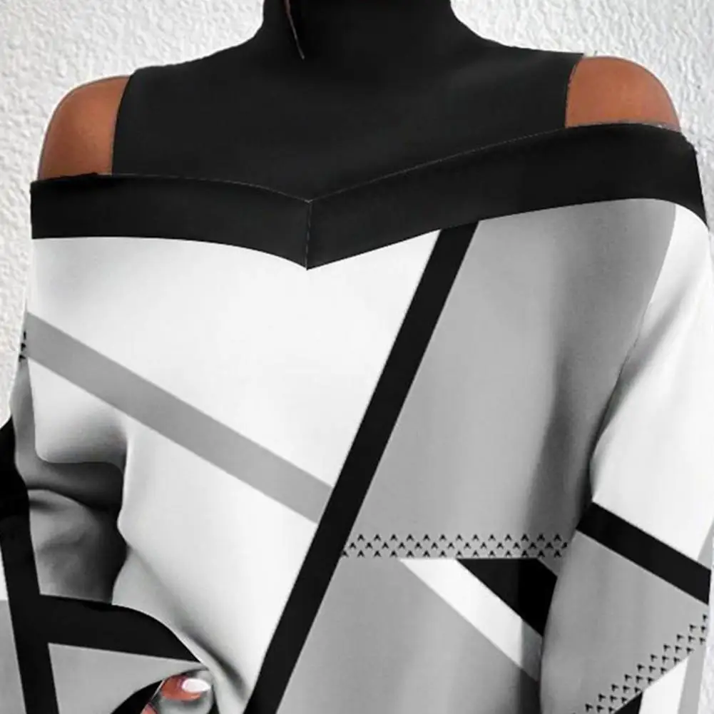 

Women Autumn Winter Pullover Blouse Off Shoulder Loose Printing Long Sleeve Fashion Turtleneck Shirt Top