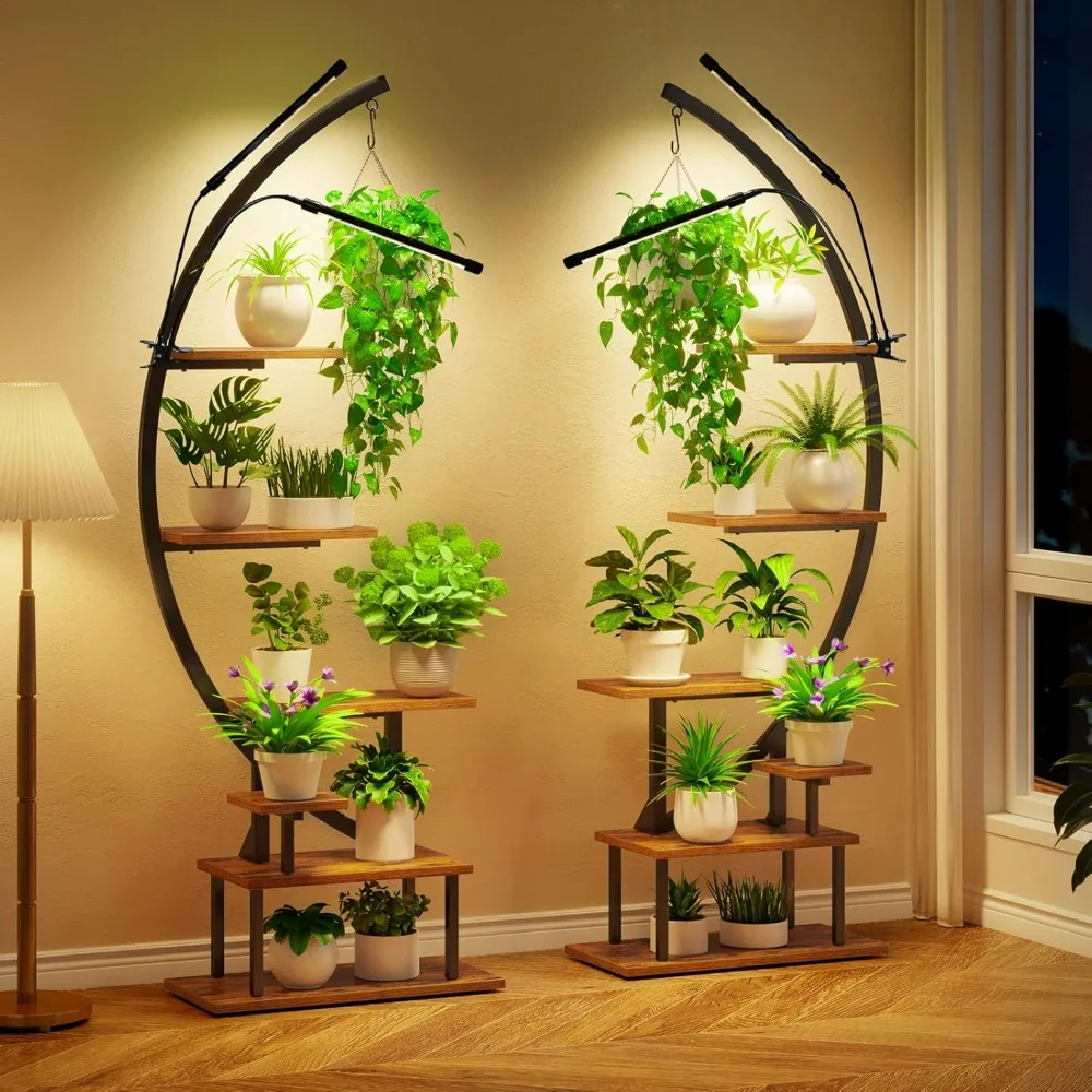 with Grow Lights,Half Moon 7Tiered Metal Plant Shelf,Multiple Tier Curved Ladder Flower Pot Stand Display Rack for Indoor 2 Pack