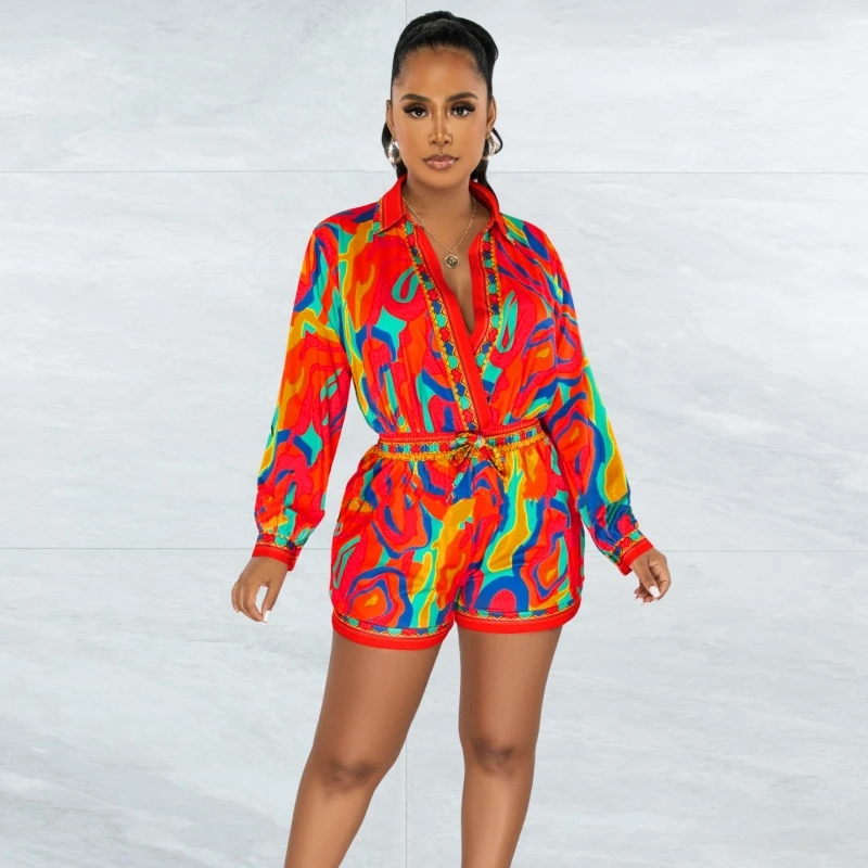 

Summer Autumn Sexy Women Rompers Jumpsuit Stripe Print Long Sleeve Bodysuit Shirt Short Rompers Jumpsuit Streetwear Overalls