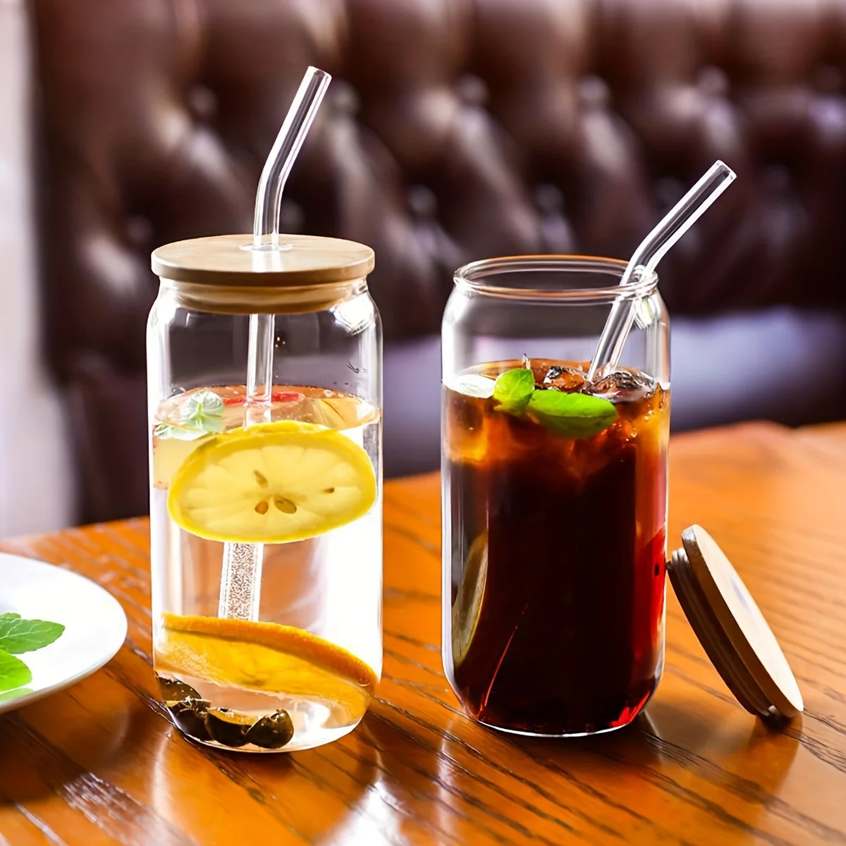 Bamboo lid glass water cup with large straws
