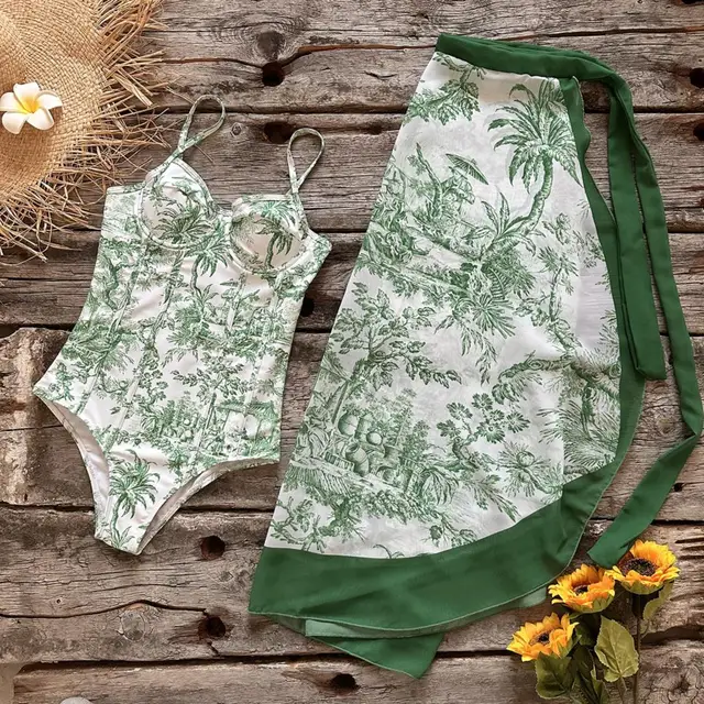 Vintage الأبيض مع الأخضر طباعة بيكيني مجموعات ملابس السباحة تنورة الإناث مثير ضئيلة قطعة واحدة العميق الخامس عارية الذراعين ملابس السباحة لباس سباحة