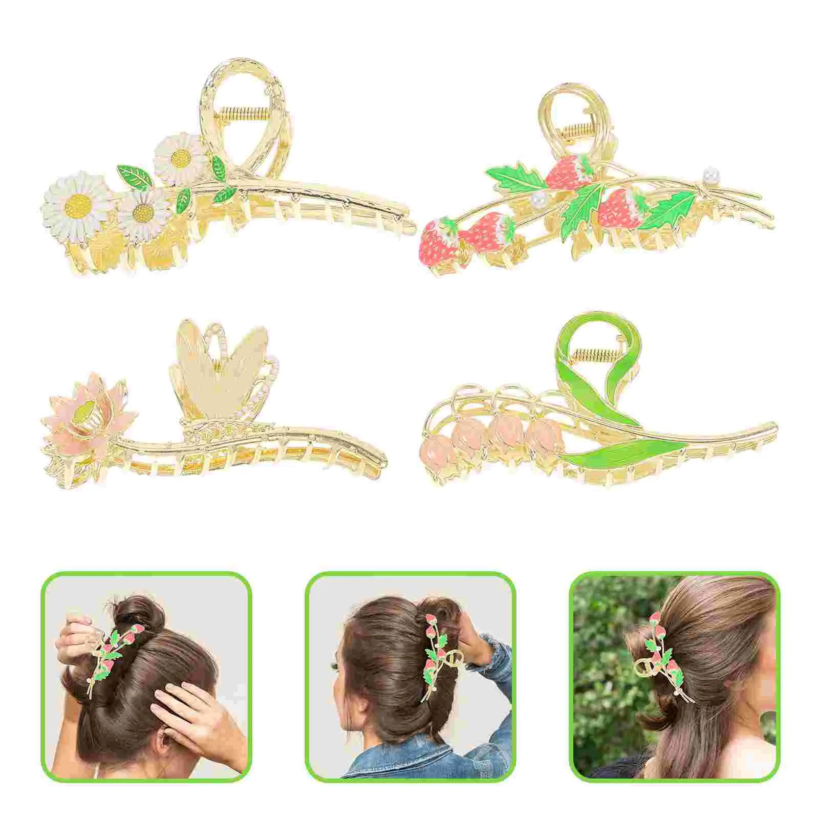 

4 Pcs Hairpin Spring Hand Drawn Flower Girl Headgear Snap Clips Alloy Claw for Thick Women