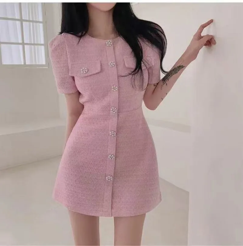 

New Summer Tweed Mini Dress Women Korean Fashion Small Fragrance O-neck Puff Sleeve Single Breasted Slim Dresses Vestidos Robe