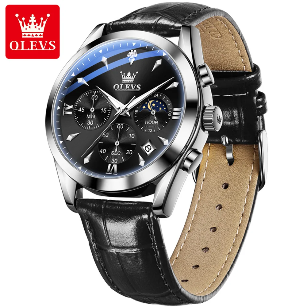 Olevs Men's Watches Trend Fashion Multi Functional Chronograph Moon Phase Date Original Brand Quartz Wristwatch For Man 3609 New, Alina Gadgets