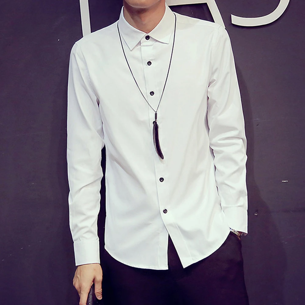 

Buttons Men Shirt Top Cotton Fashion White Long Sleeve Solid Spring Business Slim Casual Gift Daily