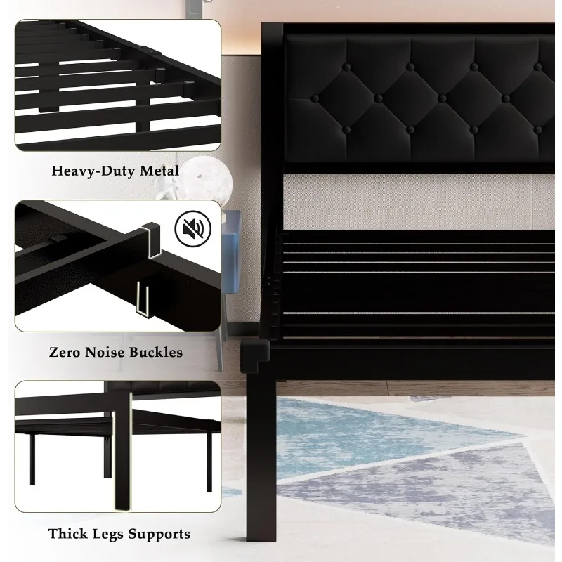 Twin Size Metal Bed Frame with Faux Leather Button Tufted Headboard, Heavy-Duty Platform Bed Frame with 12" Storage, Steel Slats 6