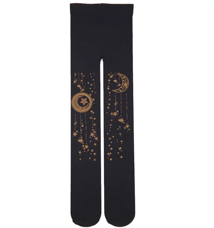 Lolita Pantyhose Sweet Mori Girl Tights Kawaii Gold Star & Moon Stamped 100D Lolita Pantyhose