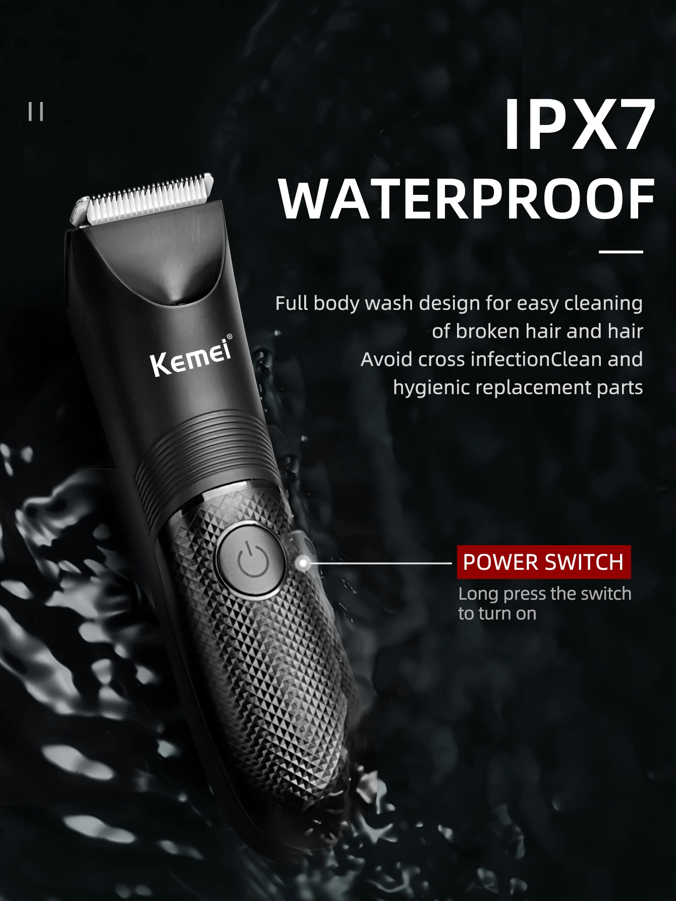 Kemei 전기 머리 깎기 전문 민감한 지역 이발 기계 IPX7 방수 바디 트리머 충전 베이스 KM-1838