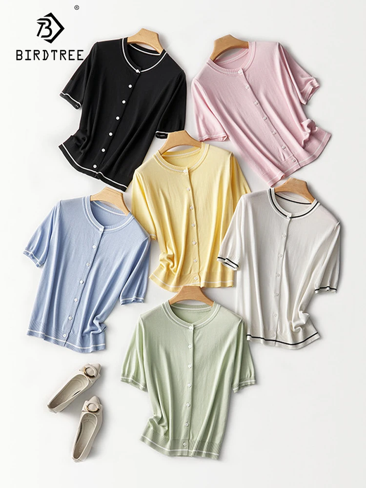 

Birdtree 7.6%Mulberry Silk Blended T-Shirt, Women Classic Contrast Short Sleeve, French Knitted Cardigan, 2024 Spring T41003QC