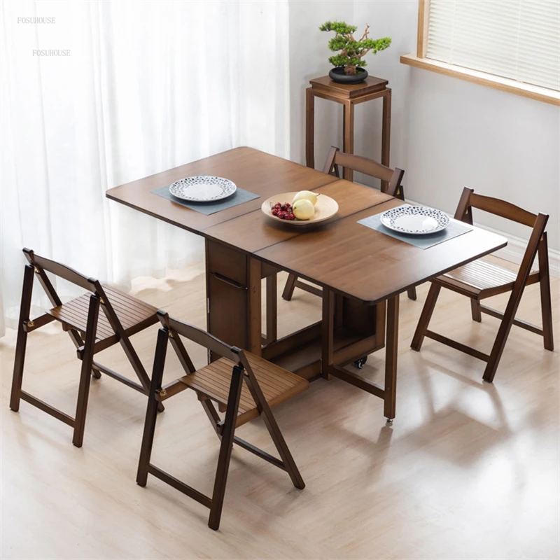 Bamboo Apartment Folding Dining Tables Creative Kitchen Multifunctional Rectangular Table Simple Household Hotel Storage Desk