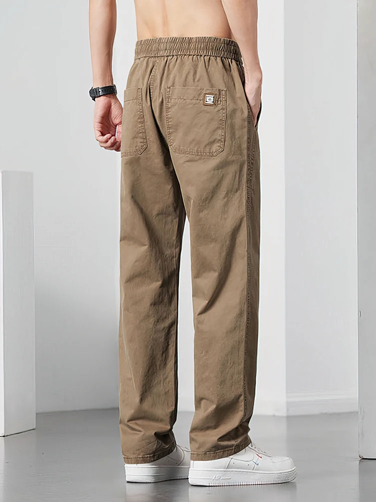 100% Cotton Straight Casual Pants Men Work Wide Leg Brown Long Cargo Trousers Loose Drawstring Sweatpants Male 1