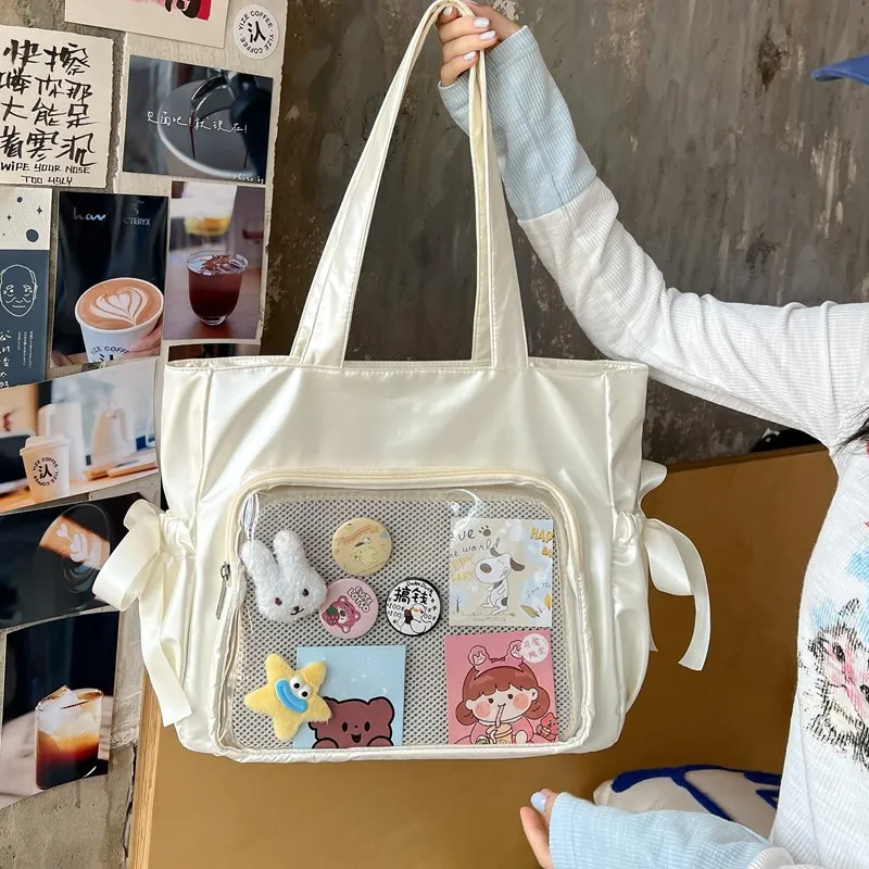 Y2K Cute Fashion Bow Shoulder Bag Sweet Women Large Capacity Ita Bag Nylon Korean Style Trend Tote Bag Kawaii Female Handbag