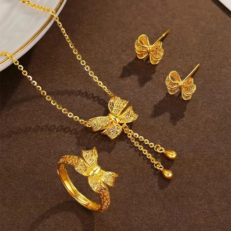 Advanced AU999 Gold Ring Silk Bow Necklace Women's AU750 Hollow Bow Earrings 24K Ring Real Gold Goddess Jewelry