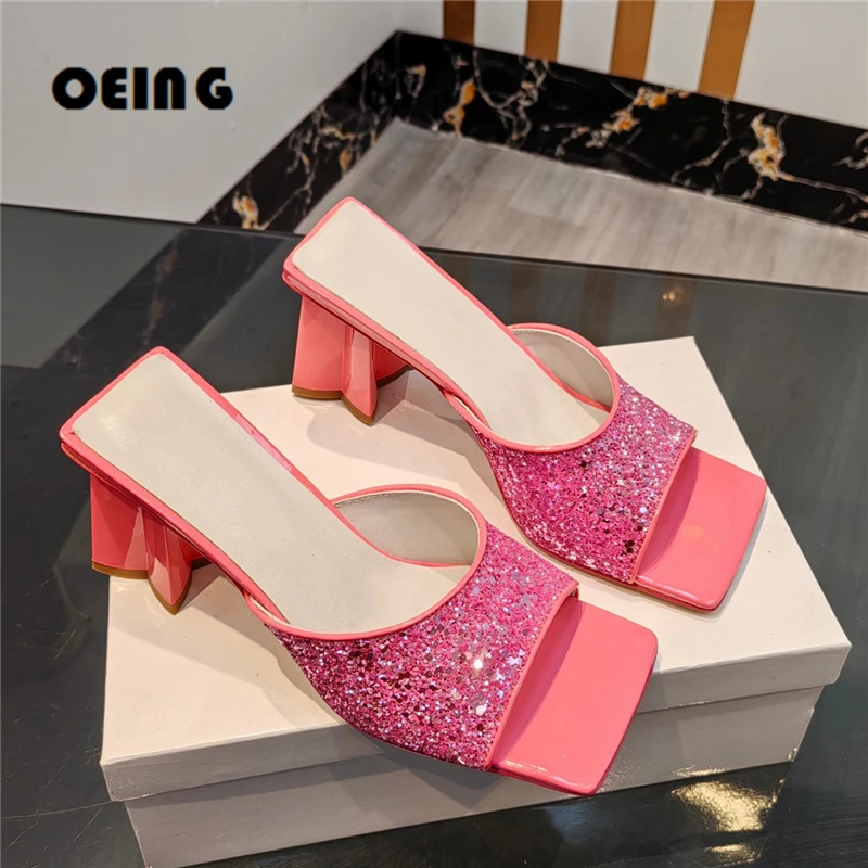 

Summer Bling Glitter Chunky Heel Slippers Woman Square Open Toe High Heel Mules Ladies Fashion Shiny Party Dress Shoes 35-42