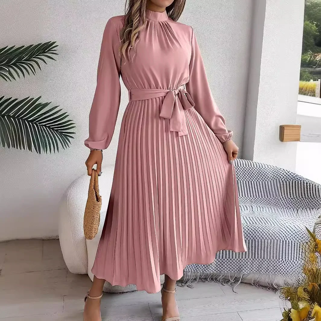 2024 Autumn/Winter Elegant Stand Collar Long Sleeve Waist-Fitted Plaid Dress Amazon Cross-Border Women's Clothing - Image 3