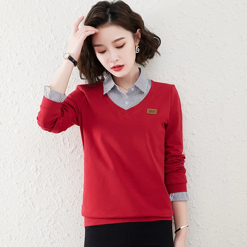Women'S Spring And Autumn Loose Spliced Shirt Collar Fake Two Piece Hoodies Female New Fashion Slimming Casual Versatile Top