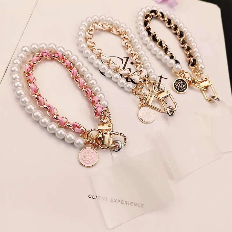Pearl & Leather Hand-Woven Mobile Wrist Lanyard with Flower Pendant