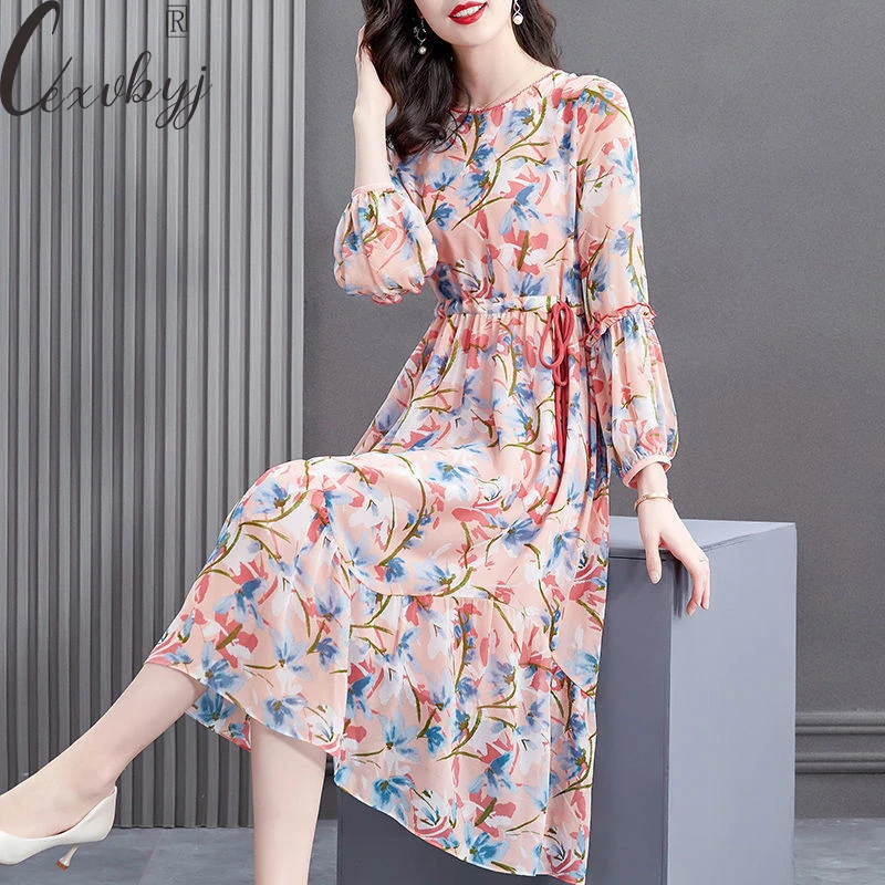 

elegant women print chiffon dress korean fashion round neck lace up wasit long dress plus size loose long sleeve floral vestidos