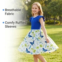 Robe d'été pour filles de 7 à 14 ans, col rond, manches côtelées à volants, imprimé floral papillon, pour l'école quotidienne, décontractée, pour enfants, adorable 4